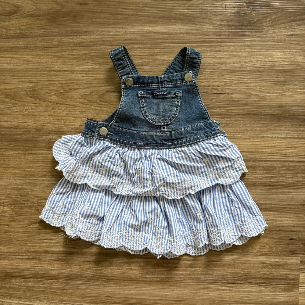 Jordache Denim Overall Dress Blue Striped Lace Ruffle Design